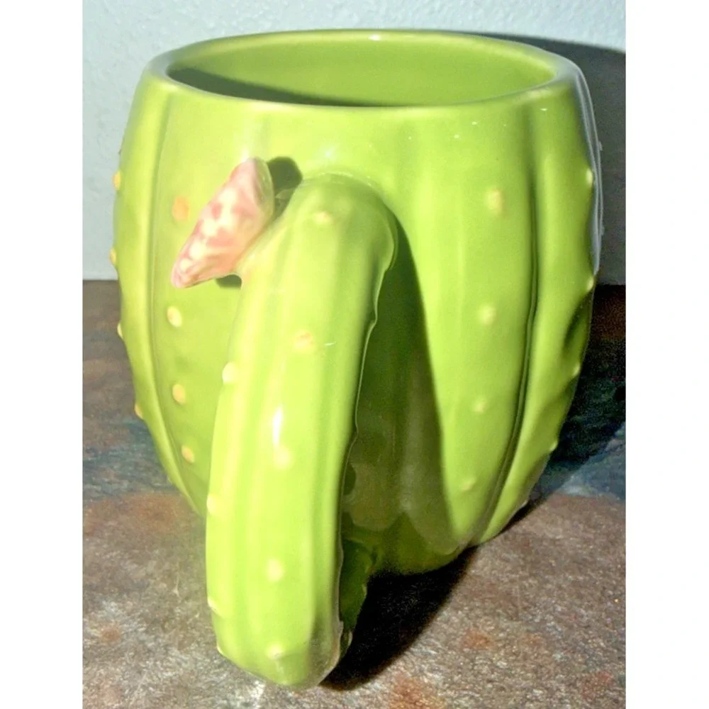 Pier 1 Cactus Mug Green Stoneware Flower Handle Coffee Cup EUC